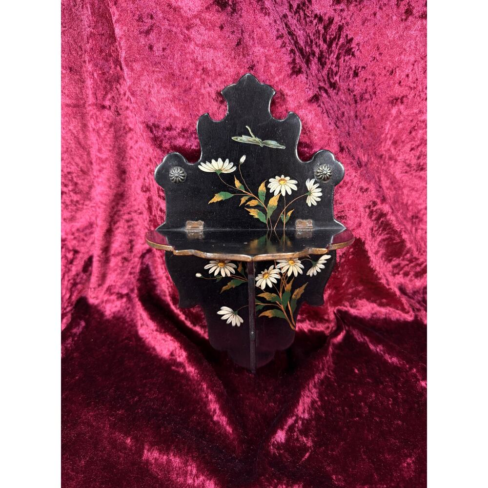 Antique Victorian Collapsible Wall Shelf Hand Painted Daisies Dragonfly on Black